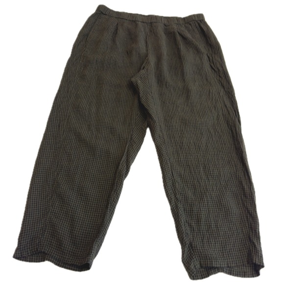 Eileen Fisher Pants Women X Large Green Black Puckered Organic Linen Tapered - Picture 2 of 12